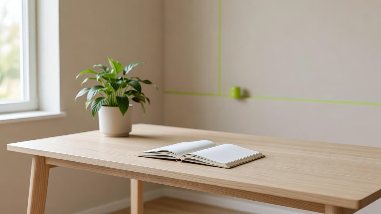A light-filled room features a clean wooden desk containing an open paper agenda and a vibrant green potted plant. Sunlight streams through the space to create a calm, organized atmosphere.